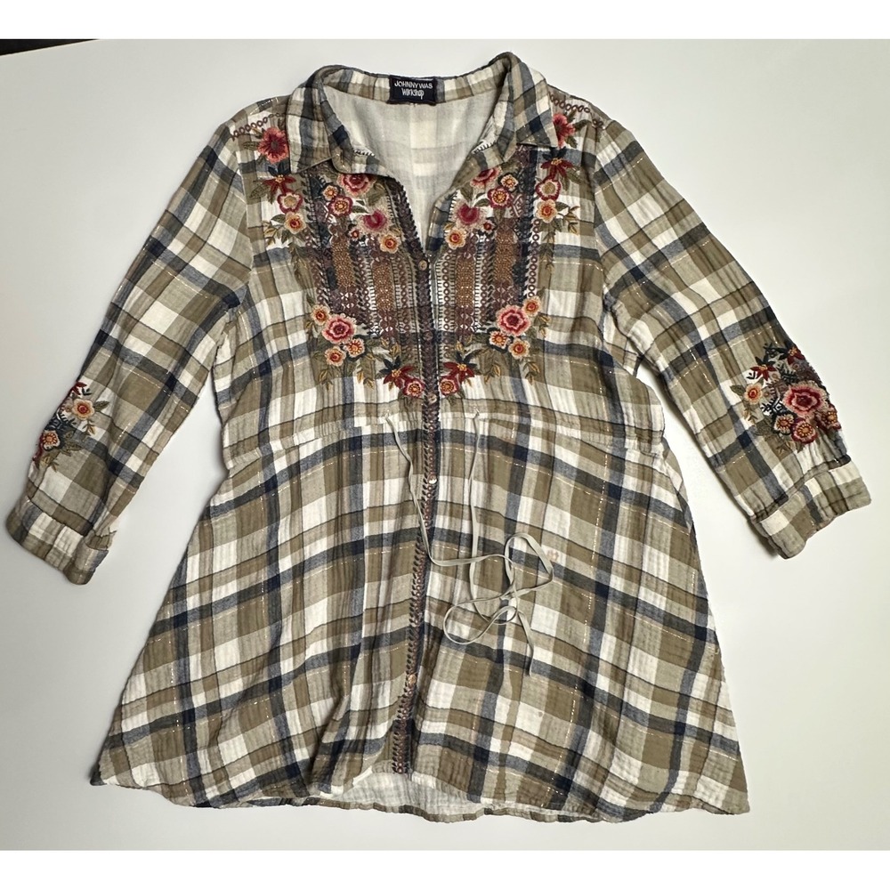 Johnny Was Workshop Plaid Floral Embroidered Tunic Dress Olive Cream M/L READ